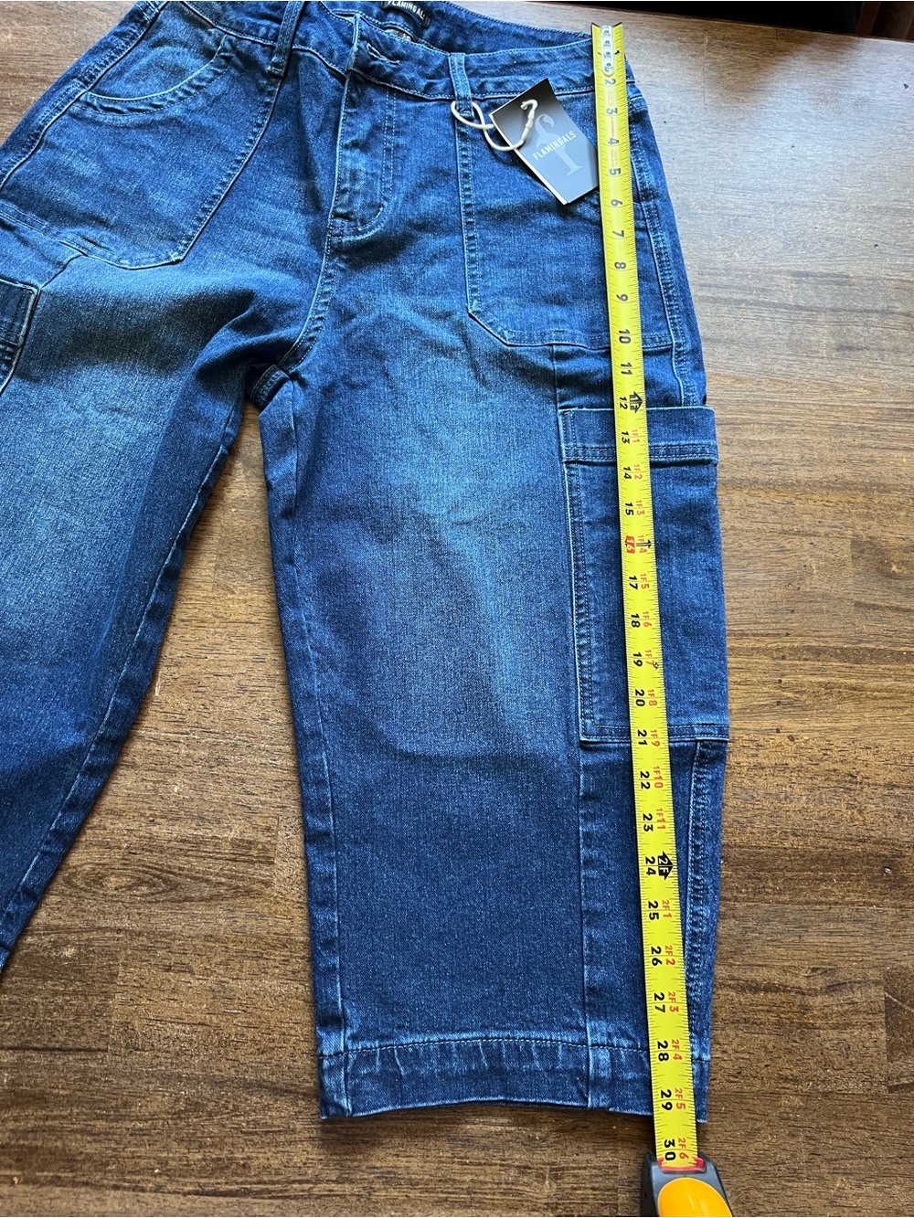 NWT Flamingals Wash Pocket Side Mid Waist Barrel Leg Capri Jeans Without Belt - Picture 4 of 9